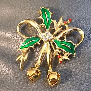 Enameled Christmas gold Holly jingle bell Pin